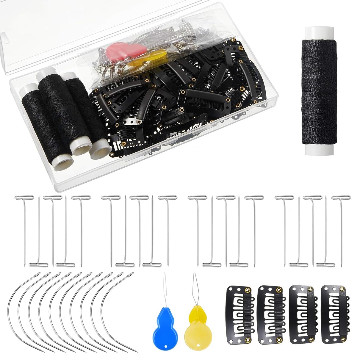 MAYCREATE Hair Extensions Clip Wig Making Set 85pcs DIY Hair Extension Tools Kit with 50 Snap Clips, 10 Curved Needles, 20 T-Pins, 3 Rolls Weaving Thread, 2 Needle Threader MAYCREATE Hair Extensions Clip Wig Making Set 85pcs DIY Hair Extension Tools Kit with 50 Snap Clips, 10 Curved Needles, 20 T-Pins, 3 Rolls Weaving Thread, 2 Needle Threader